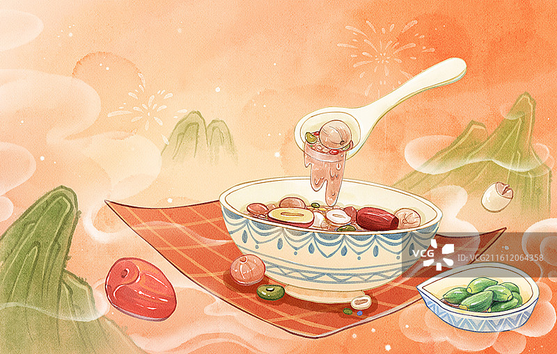 手绘水彩中国风腊八粥祥云喜庆治愈系横图背景图片素材