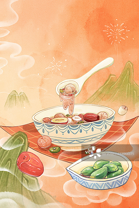 手绘水彩中国风腊八粥祥云喜庆治愈系竖图背景图片素材