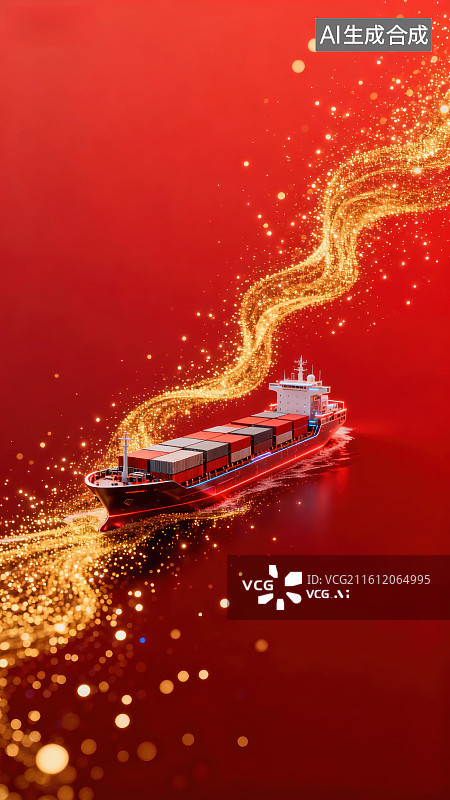 【AI数字艺术】红色背景下的货轮航行图图片素材