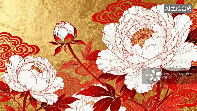 【AI数字艺术】白牡丹与红叶金纹背景图片素材