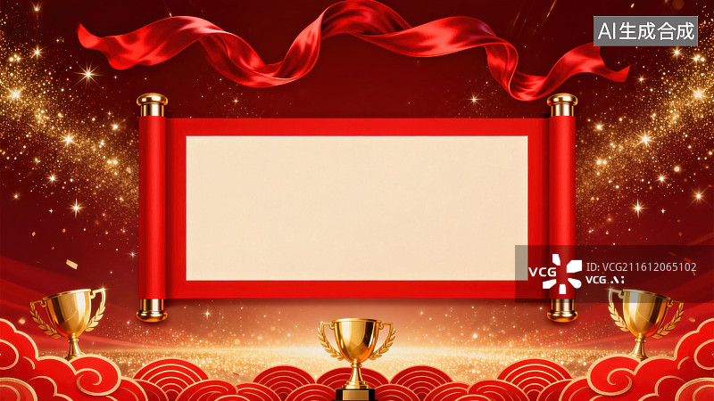【AI数字艺术】红色卷轴与奖杯的庆典背景图片素材