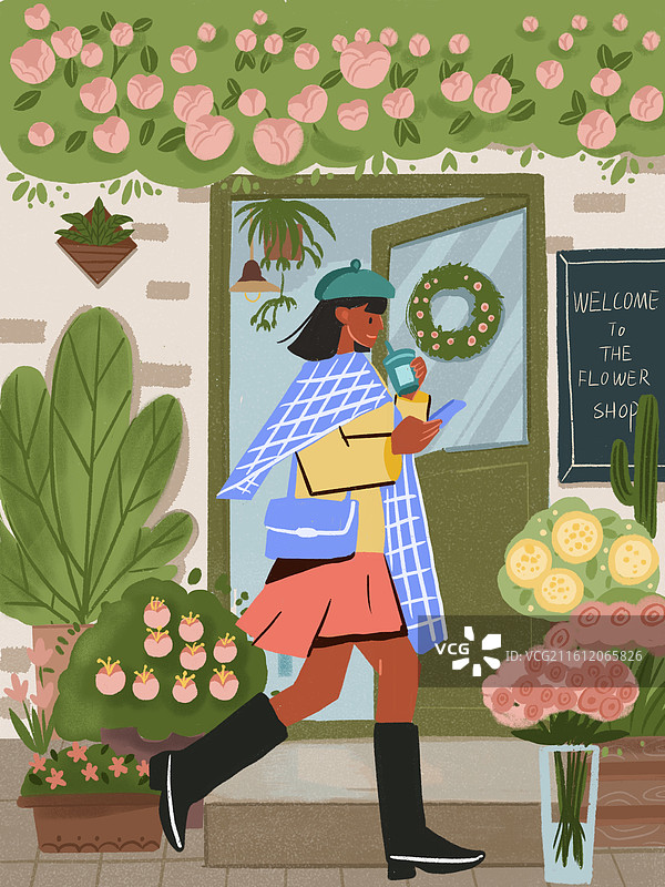 花店外休闲穿搭的女孩图片素材