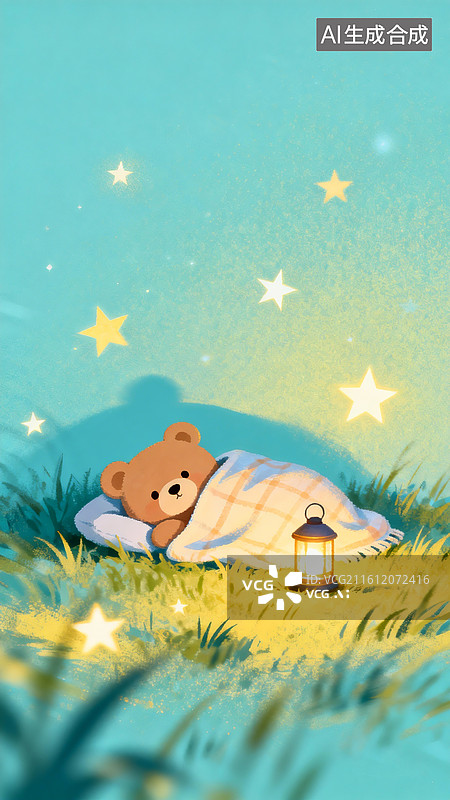 【AI数字艺术】极简插画，梦幻温暖的氛围感，微光，隐约看出一只小熊盖着小毯子，一盏小灯，星星陪伴在周围，草地温馨图片素材