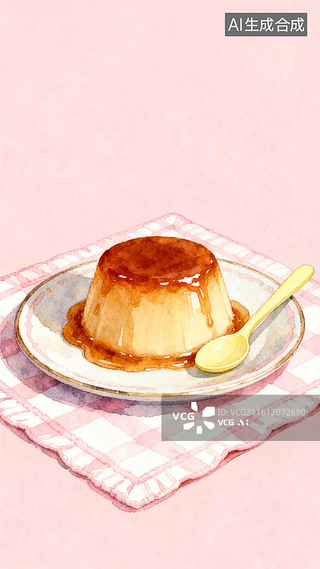 【AI数字艺术】卡通清新插画，焦糖布丁甜点，粉色格子餐布图片素材