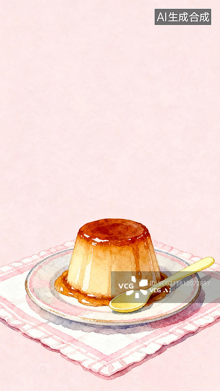 【AI数字艺术】卡通清新插画，焦糖布丁甜点，粉色格子餐布图片素材