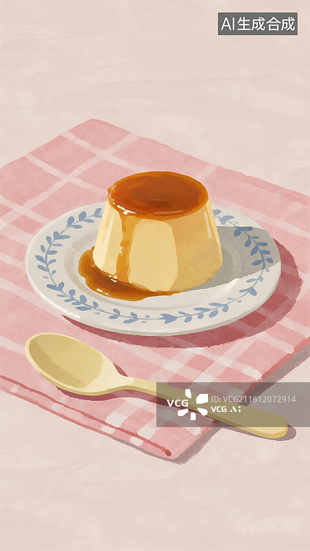 【AI数字艺术】卡通清新插画，焦糖布丁甜点，粉色格子餐布图片素材