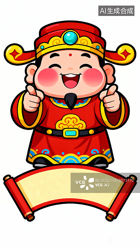 【AI数字艺术】新春招财纳福氛围的卡通插画，卡通风格的财神形象，红色服饰双眼微眯似带善意祝福图片素材
