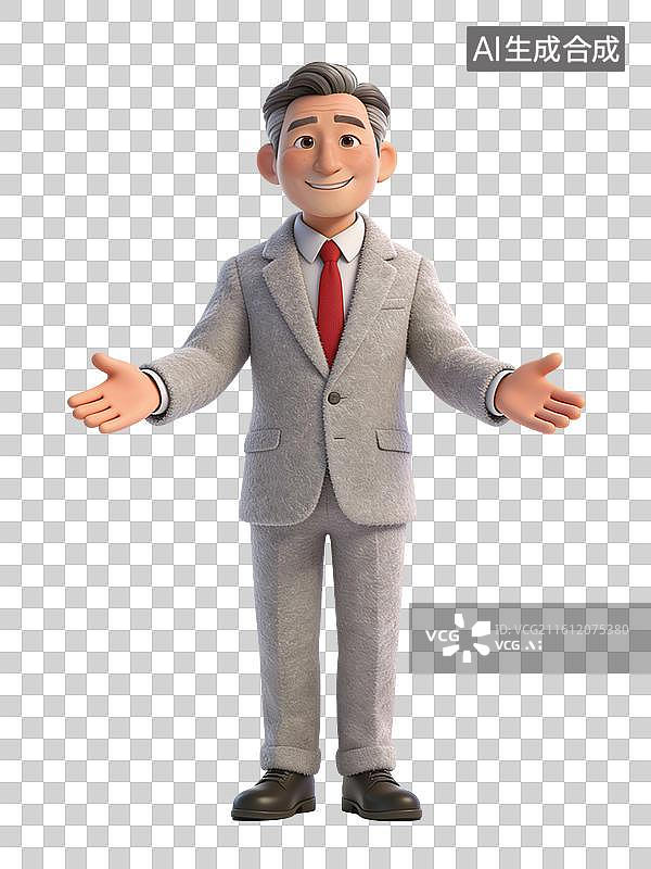 【AI数字艺术】中年男性，面带微笑，双手张开，穿着灰色西装红色领带，友好而自信图片素材