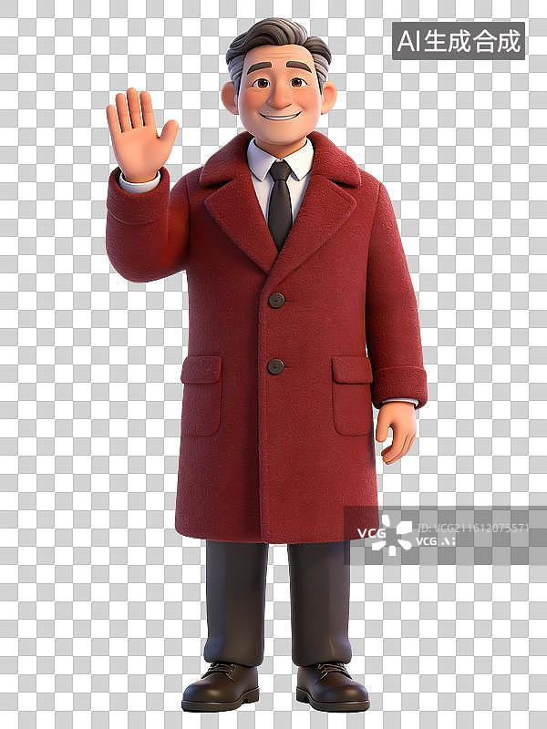 【AI数字艺术】中年男性，面带微笑，挥手致意，身着红色大衣、白衬衫、黑领带、黑裤、黑鞋，为商务人士图片素材