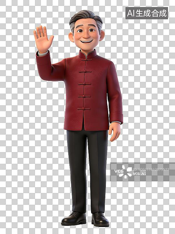 【AI数字艺术】中年男性，面带微笑，挥手致意，穿红色中式上衣黑色裤子，形象卡通化图片素材