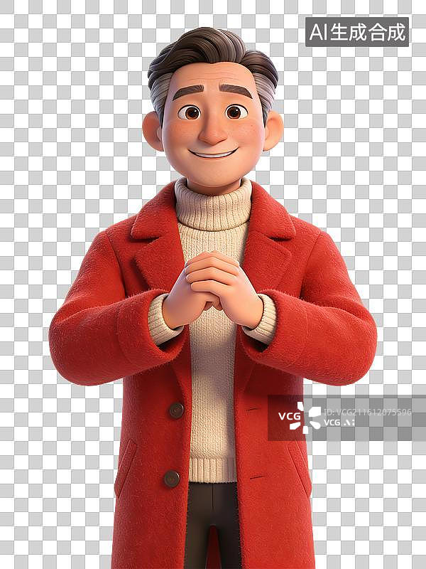 【AI数字艺术】中年男性，面带微笑，双手作揖拜年，穿红色大衣和白色毛衣，友好且有亲和力图片素材