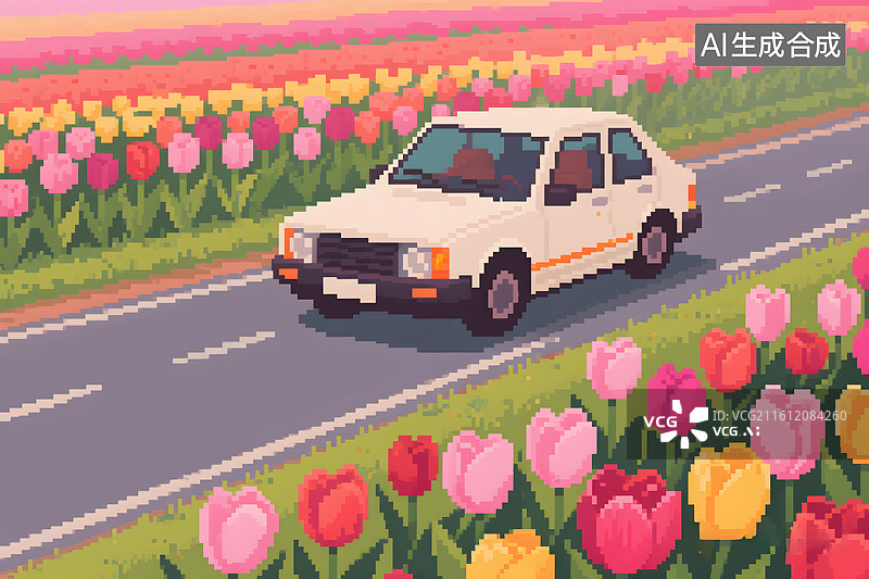 【AI数字艺术】郁金香花海公路自驾旅行图片素材
