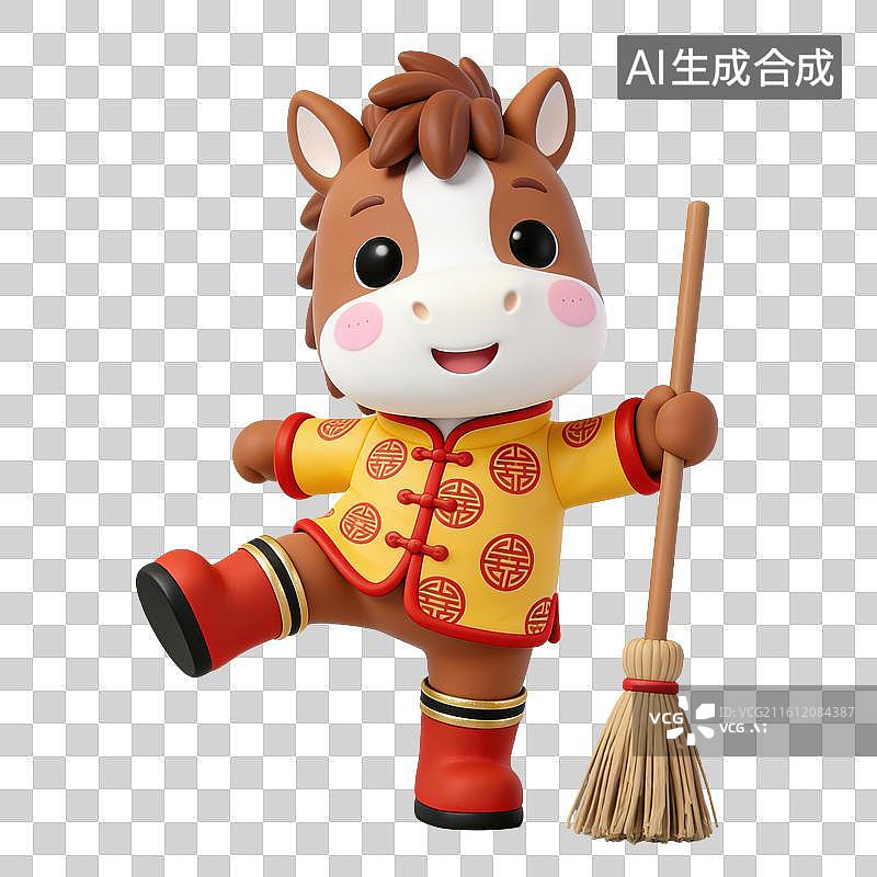 【AI数字艺术】3D立体马年春节拟人马玩偶穿着中式服装拿着笤帚打扫卫生元素图片素材