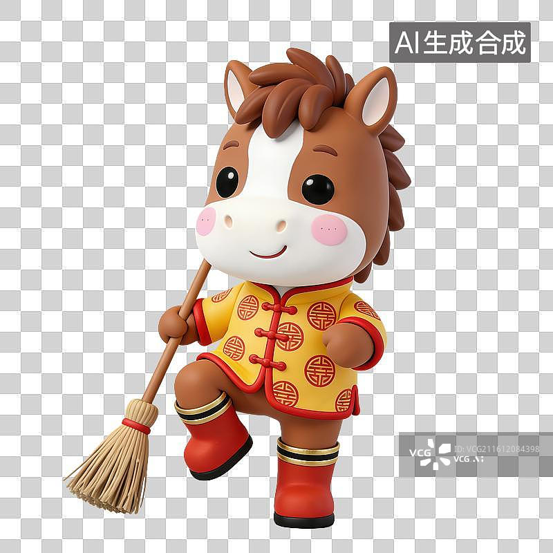【AI数字艺术】3D立体马年春节拟人马玩偶穿着中式服装拿着笤帚打扫卫生元素图片素材