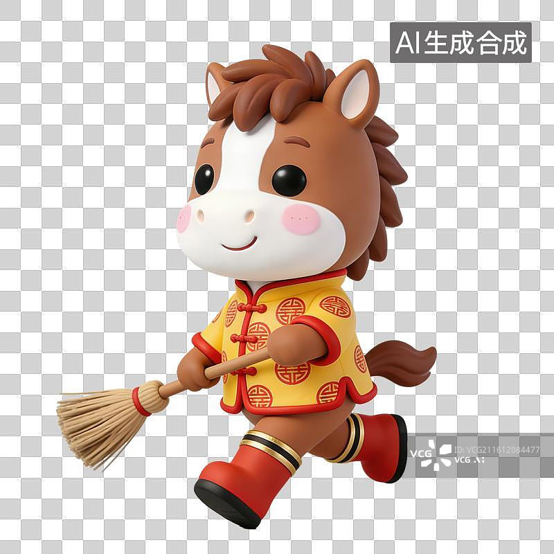 【AI数字艺术】3D立体马年春节拟人马玩偶穿着中式服装拿着笤帚打扫卫生元素图片素材