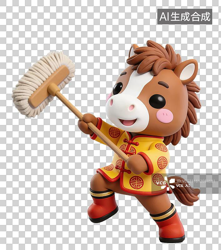 【AI数字艺术】3D立体马年春节拟人马玩偶穿着中式服装拿着墩布打扫卫生元素图片素材