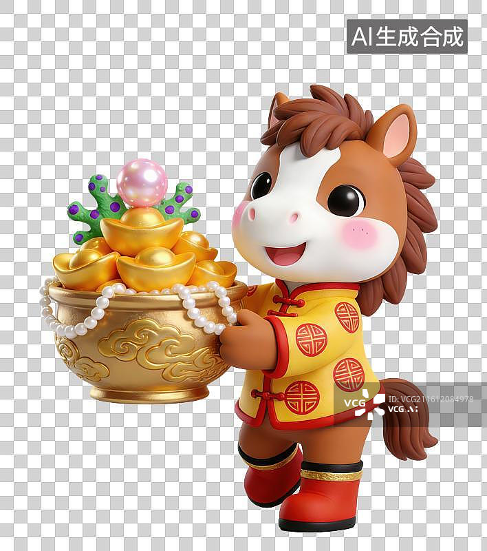 【AI数字艺术】3D立体马年春节拟人马玩偶穿着中式服装拿着装满元宝的聚宝盆元素图片素材