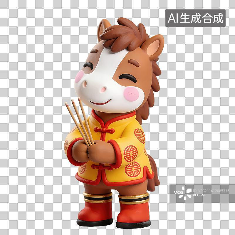 【AI数字艺术】3D立体马年春节拟人马玩偶穿着中式服装拿三支香祭拜祖先神明元素图片素材
