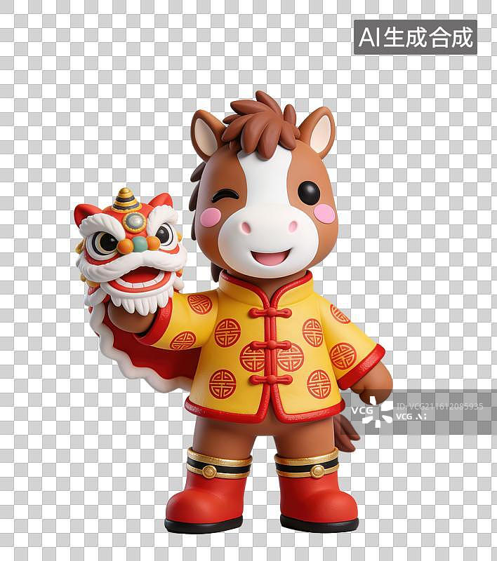 【AI数字艺术】3D立体马年春节拟人马玩偶穿着中式服装拿着舞狮头元素图片素材