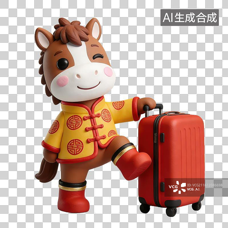 【AI数字艺术】3D立体马年春节拟人马玩偶穿着中式服装拿着行李箱回家过年元素图片素材