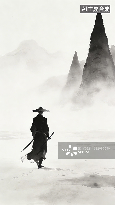 【AI数字艺术】古风意境写意水墨中国古代武侠剑客人物插画图片素材