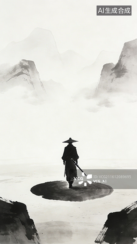 【AI数字艺术】古风意境写意水墨中国古代武侠剑客人物插画图片素材