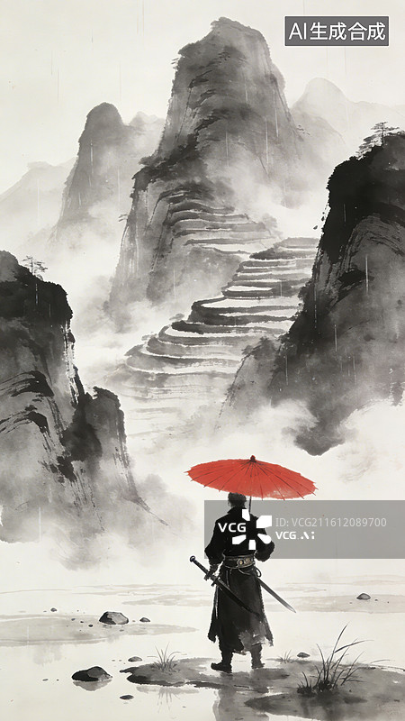 【AI数字艺术】古风意境写意水墨中国古代武侠剑客人物插画图片素材