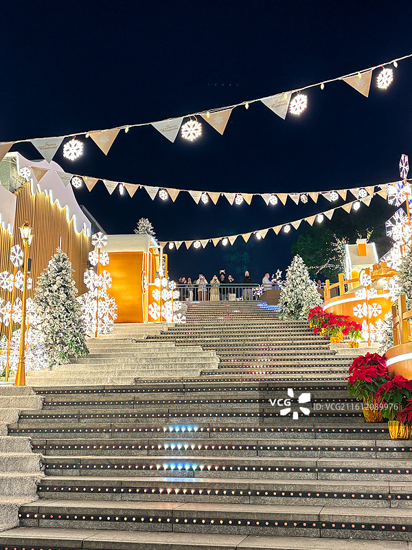 夜晚灯光下的圣诞节装饰的低角度视图图片素材