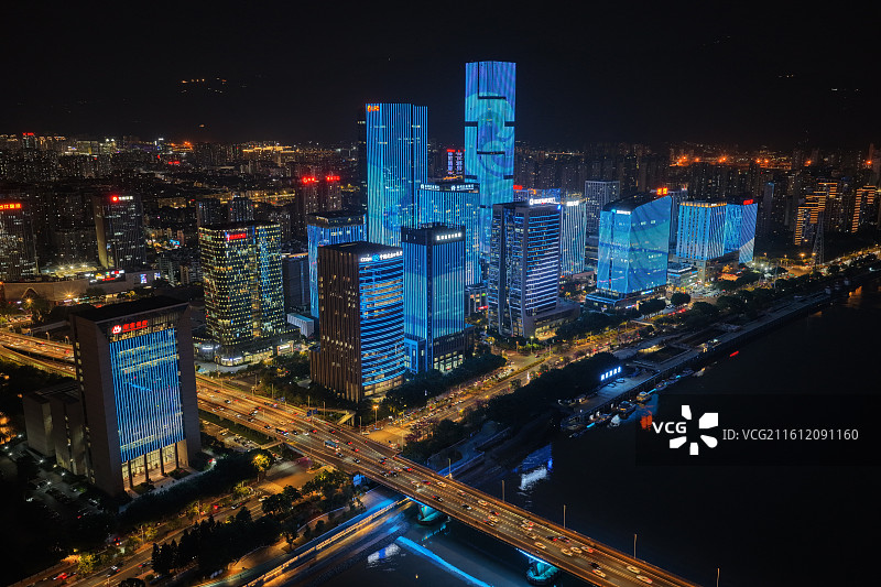 福州台江金融街银行街CBD超高层建筑群夜景照明灯光秀现代时尚都市航拍视角图片素材