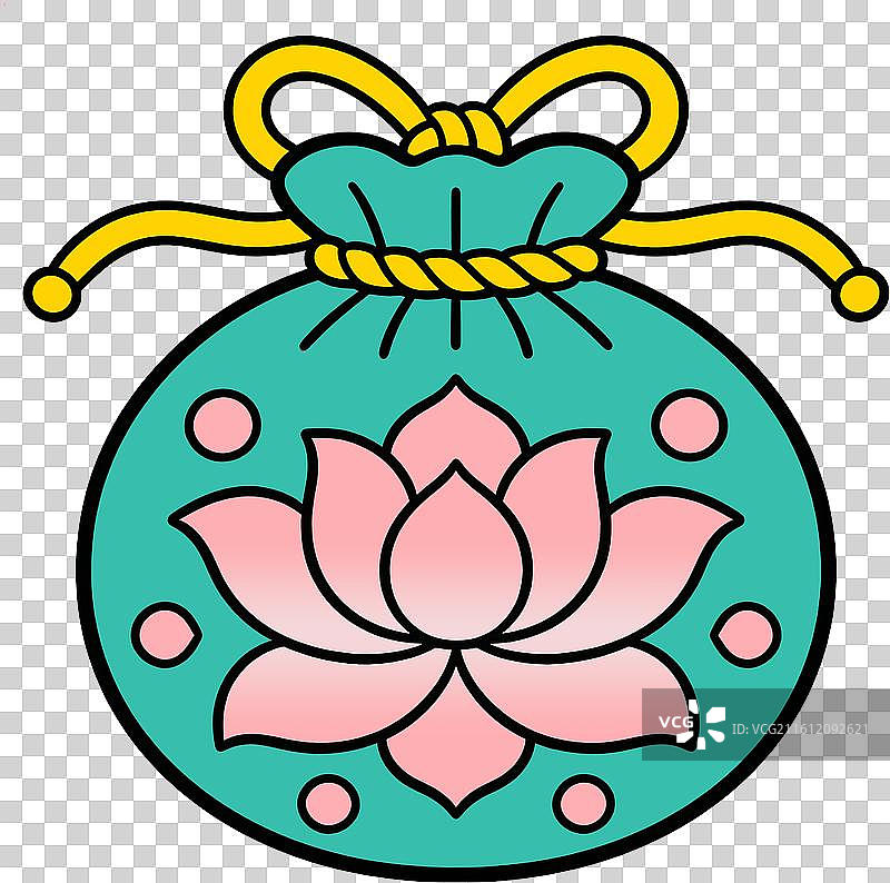 非遗扁平插画中国风荷花绿色描边香囊图片素材