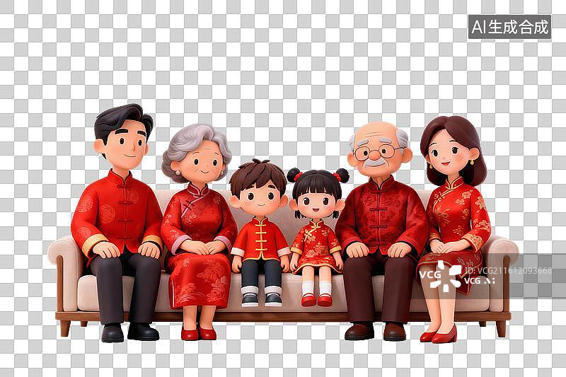 【AI数字艺术】卡通风格，春节，沙发上坐着的全家人PNG格式的免扣元素图片素材