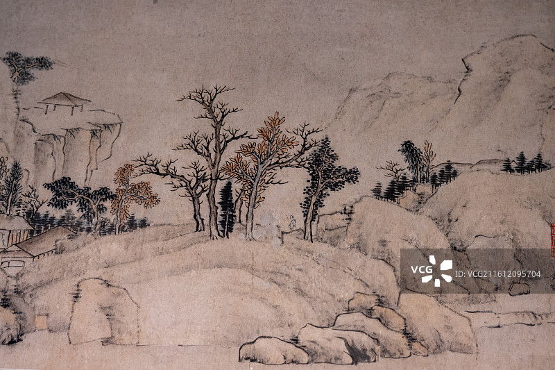 古风水墨山水画：山石树木与小屋构成的静谧风景图片素材