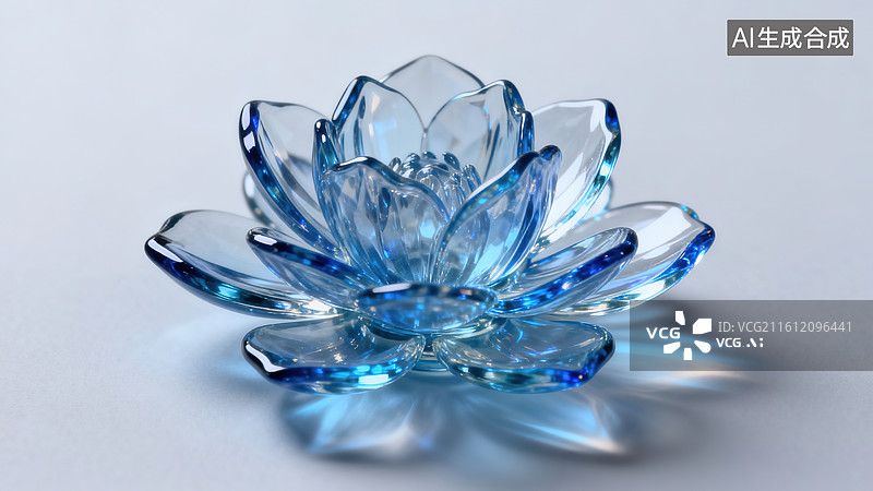 【AI数字艺术】蓝色玻璃莲花透明质感装饰场景图片素材