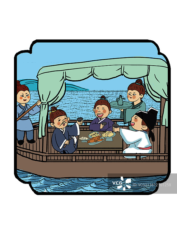 唐代诗人李白跟朋友在船上喝酒庆祝插画图片素材