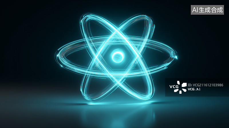 【AI数字艺术】黑色背景中发光的三维原子能量轨道模型图片素材