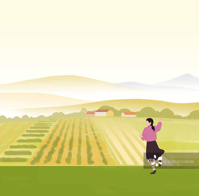 希望的田野上乡村乡下老家家乡家园农村农田村庄村子村落田地风景插画图片素材
