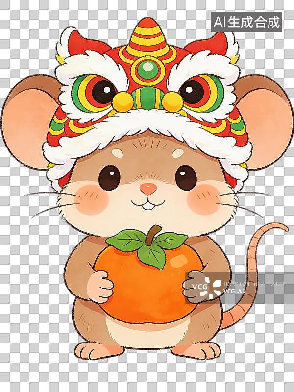 【AI数字艺术】3D渲染免抠图形元素卡通线条画头顶醒狮头装饰头套手里抱着橘子柿子的十二生肖动物老鼠图片素材