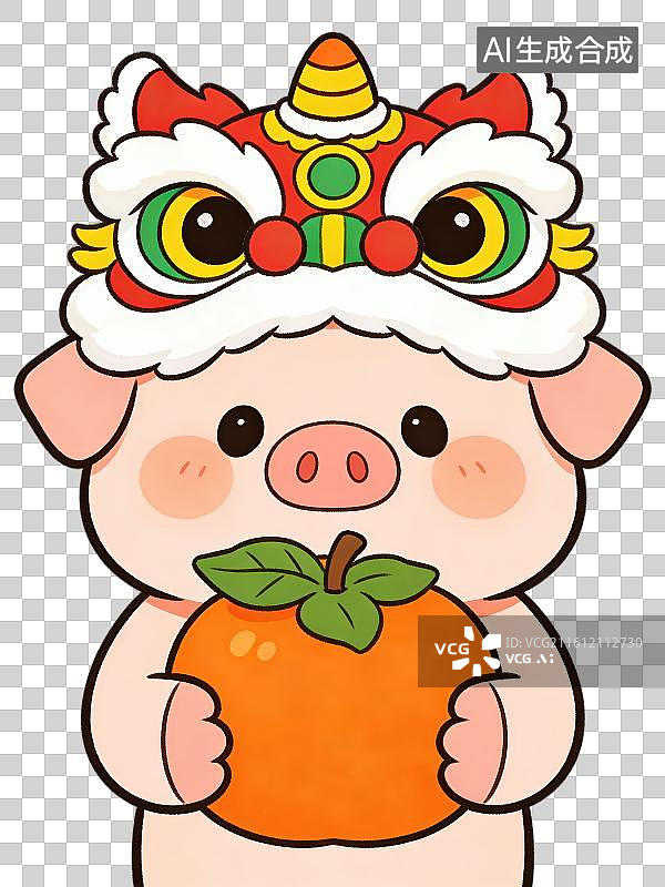 【AI数字艺术】3D渲染免抠图形元素卡通线条画头顶醒狮头装饰头套手里抱着橘子柿子的十二生肖动物猪图片素材