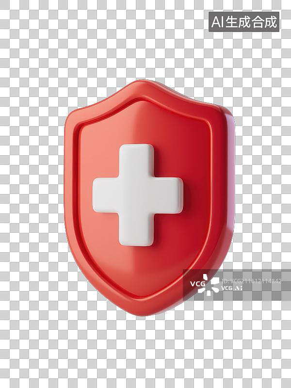 【AI数字艺术】3D渲染免抠图形元素红色盾牌和白色十字架图片素材