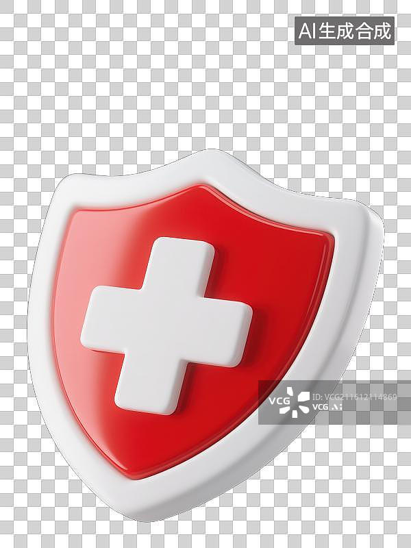 【AI数字艺术】3D渲染免抠图形元素红色盾牌和白色十字架图片素材