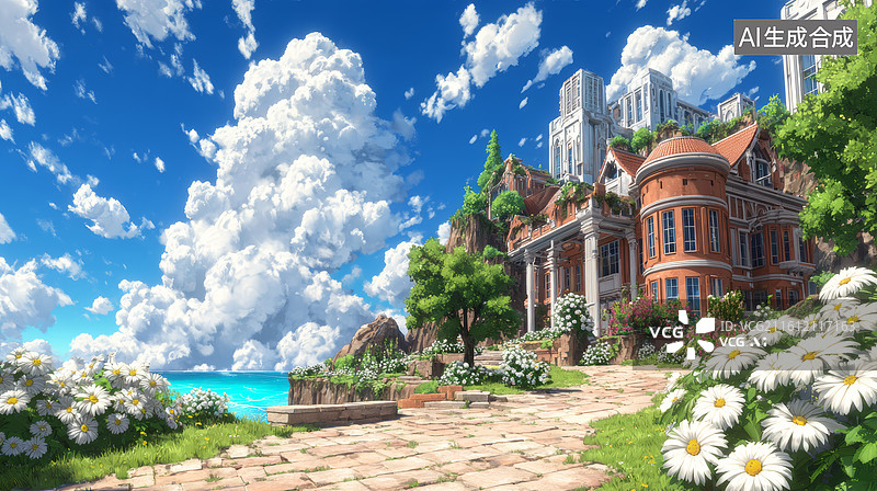 【AI数字艺术】海边悬崖上的欧式建筑群图片素材