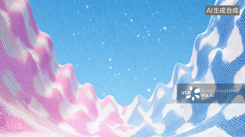【AI数字艺术】粉蓝波浪织物与星空背景图片素材