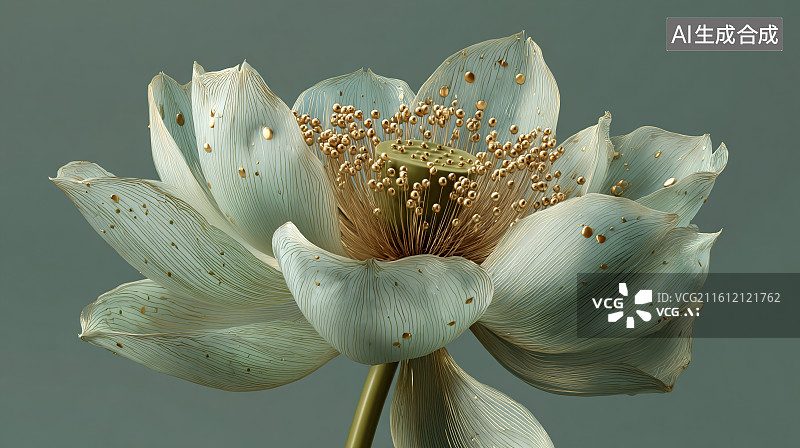 【AI数字艺术】薄荷绿金饰珍珠花蕊荷花的轻奢花艺场景图片素材