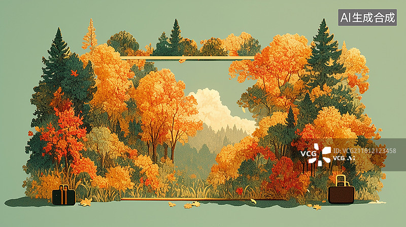 【AI数字艺术】秋日森林里的旅行箱图片素材