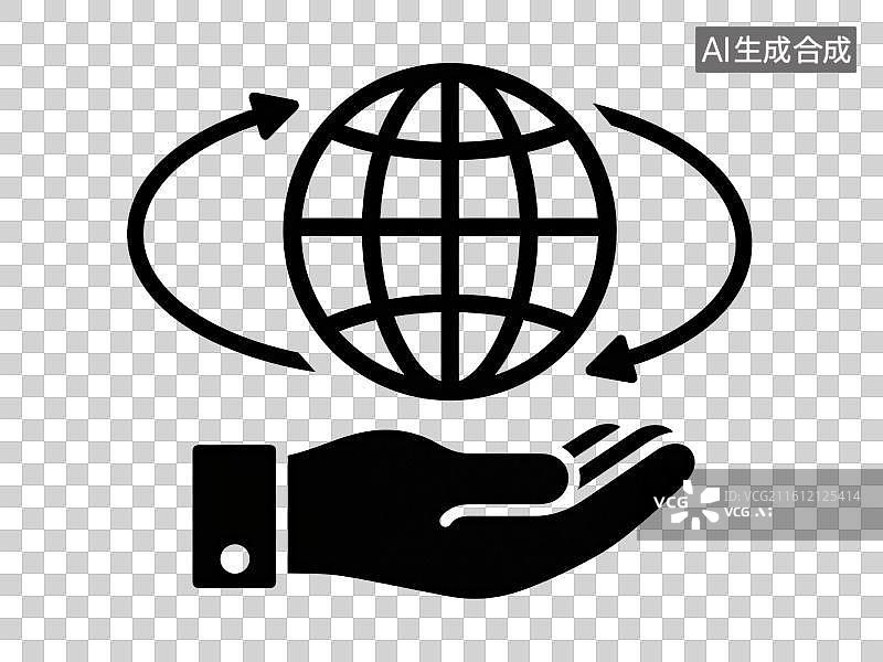 【AI数字艺术】3D渲染免抠图形元素黑色线条画商务人士的手托着一个网格地球图案周边有环绕旋转箭头图标图片素材