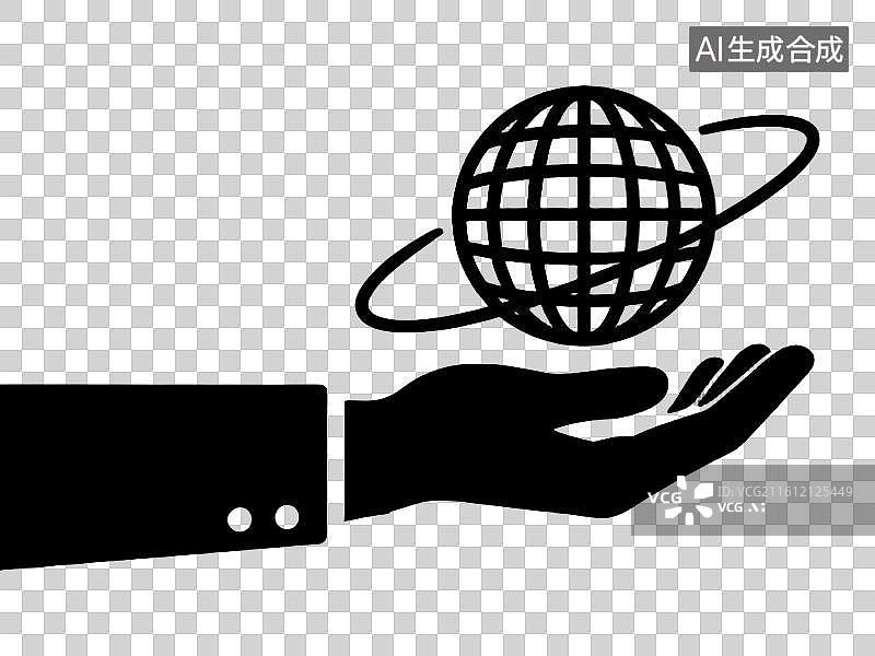 【AI数字艺术】3D渲染免抠图形元素黑色线条画商务人士的手托着一个网格地球图案周边有环绕旋转箭头图标图片素材