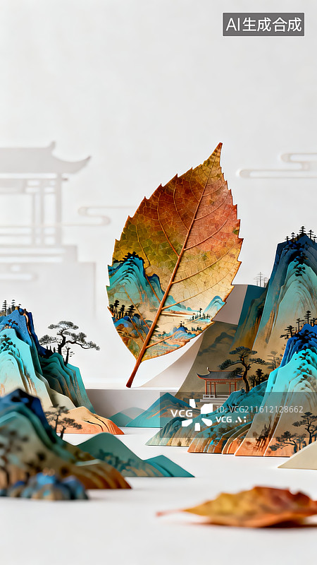 【AI数字艺术】落叶中的山水画卷图片素材