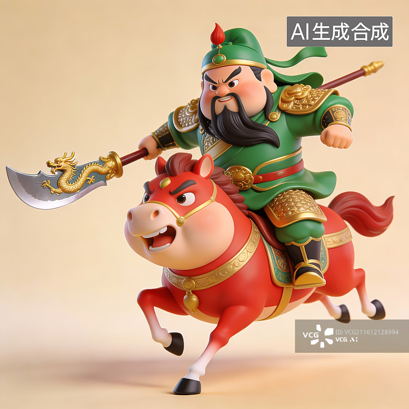 【AI数字艺术】关羽骑马武将卡通雕像图片素材