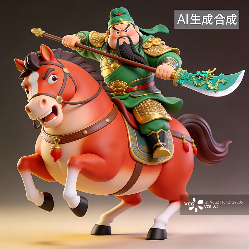 【AI数字艺术】关羽骑马武将持刀雕像图片素材