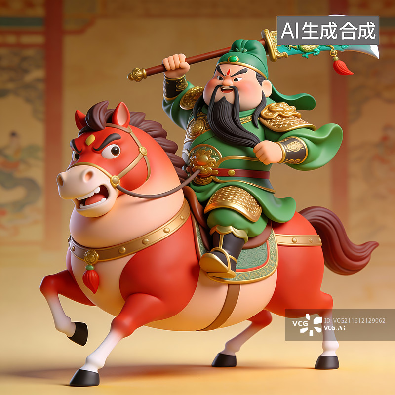【AI数字艺术】关羽骑赤兔马持青龙偃月刀图片素材